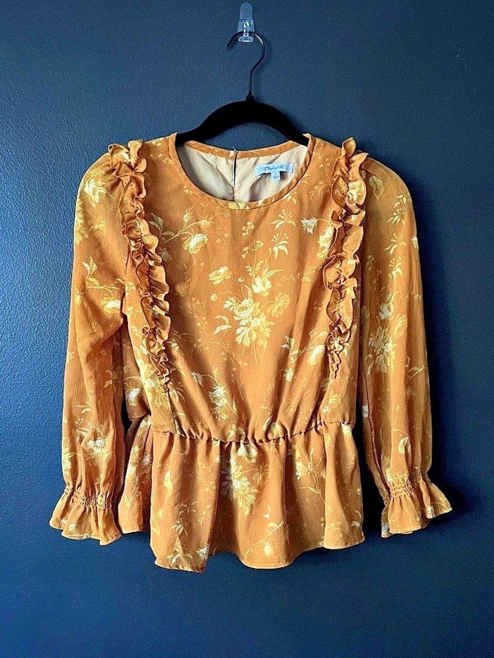 Madewell Floral Ruffle Blouse in Gold and Cream